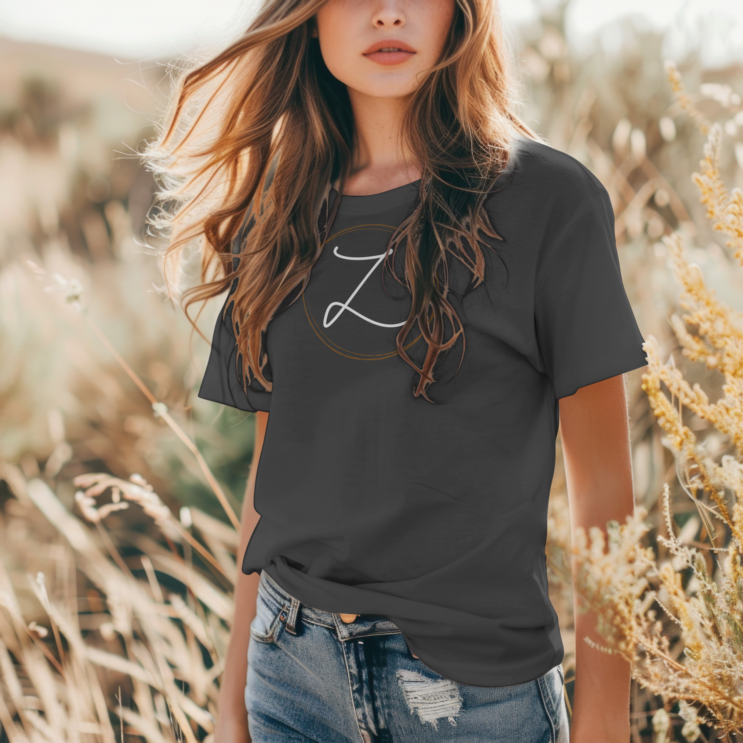 Charcoal tee with a large circled Z on the chest