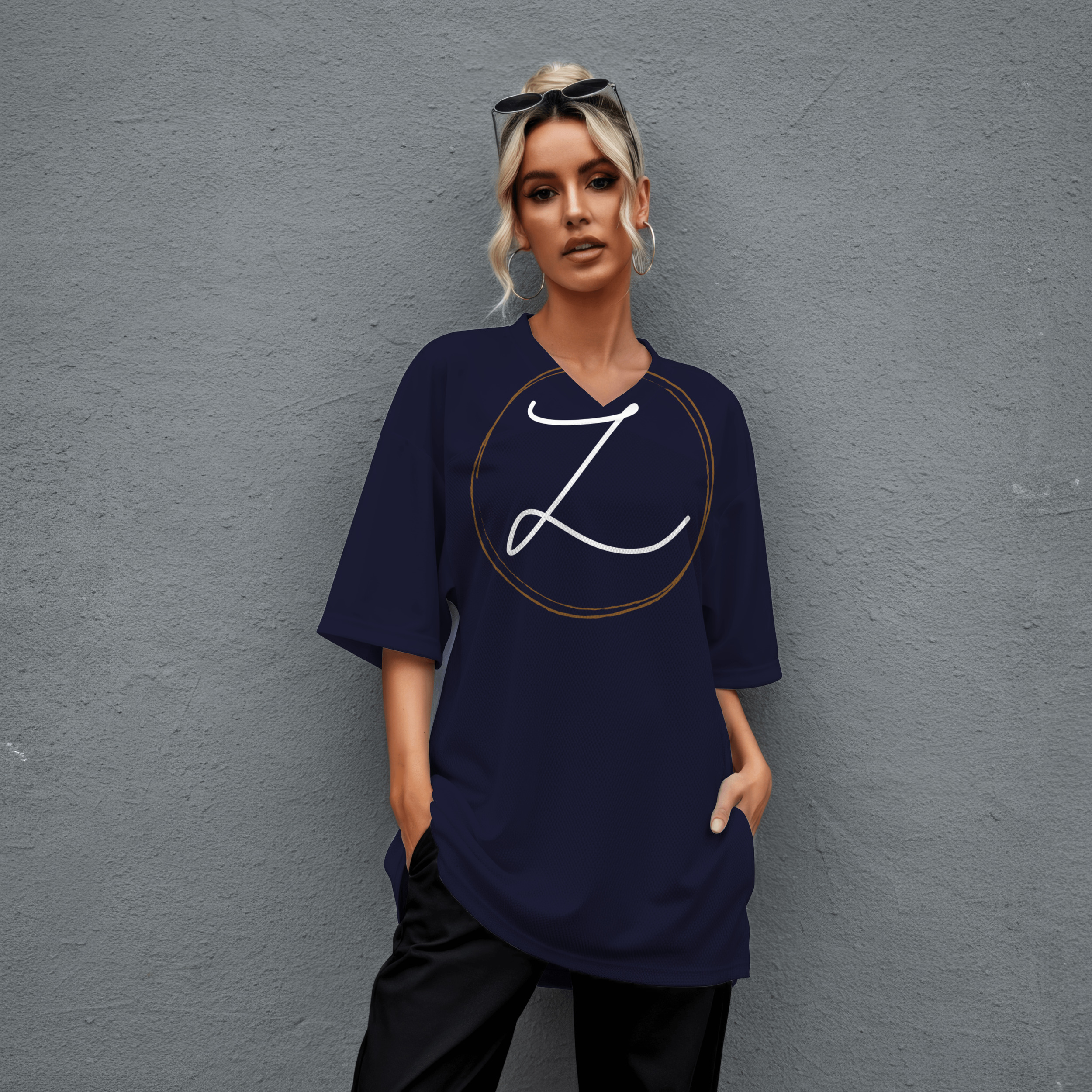 Navy tee with a large circled Z on the chest