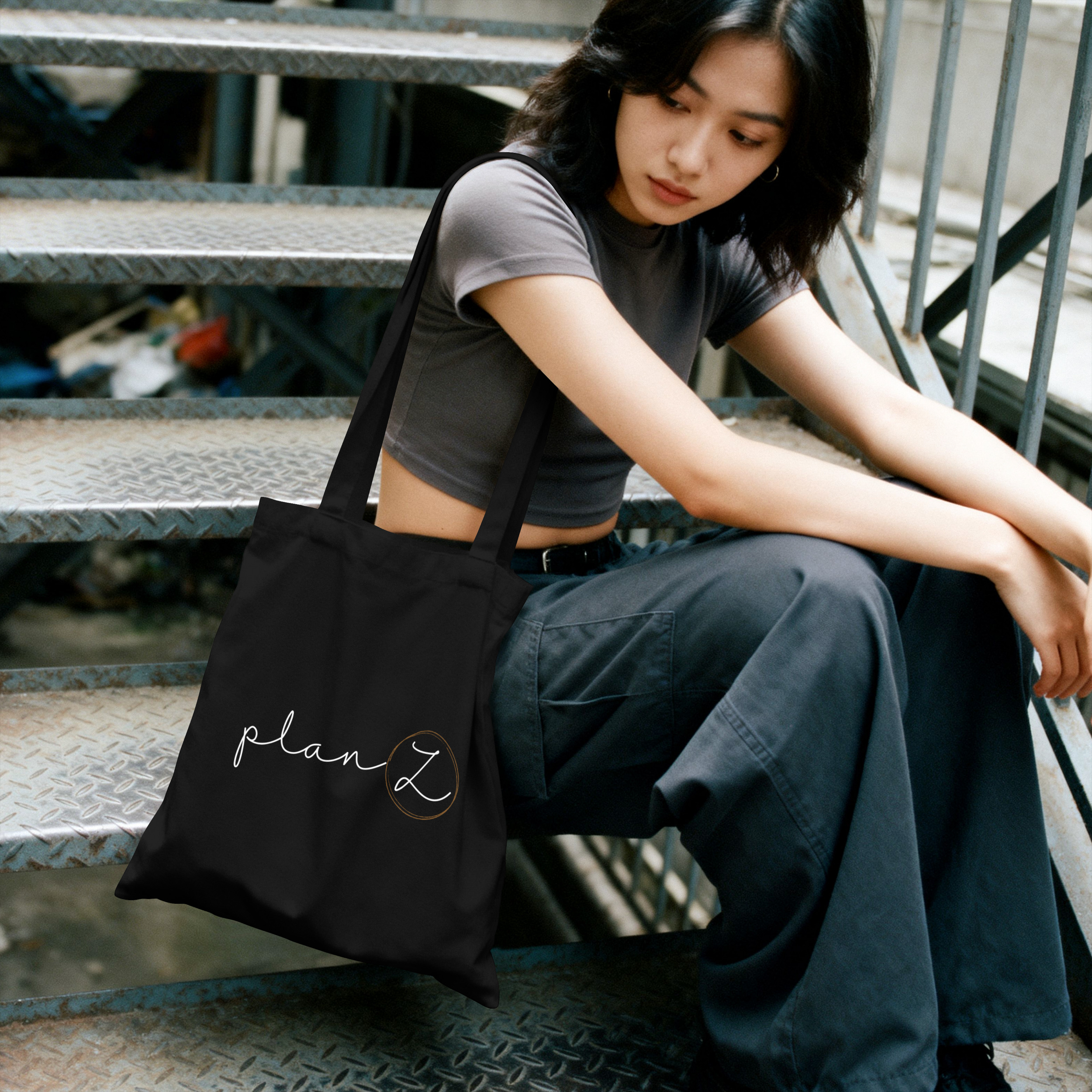 Black tote with the Plan Z wordmark