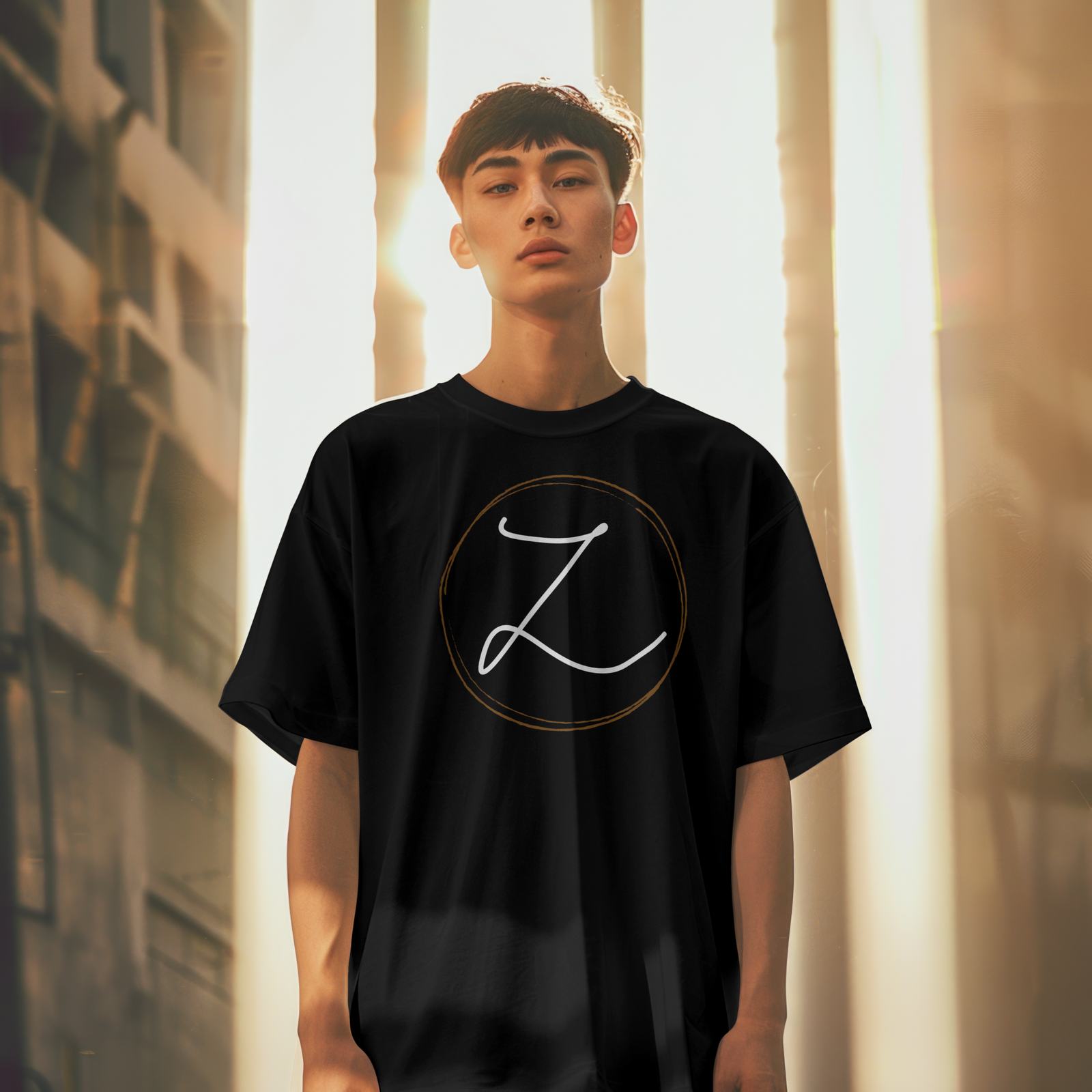 Black tee with a large circled Z on the chest